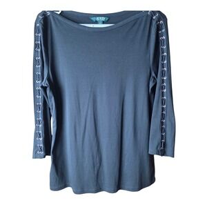 Lauren Ralph Lauren L Black Lace Up Grommet Sleeve Top 3/4 Sleeve Stretch